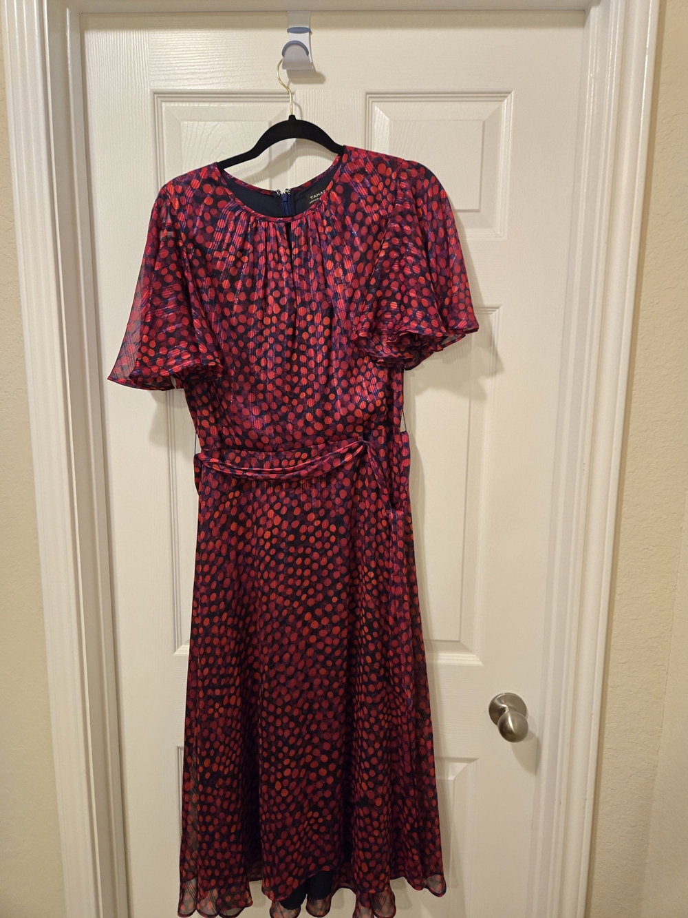 Tahari Red and Pink Polka Dot Midi Dress
